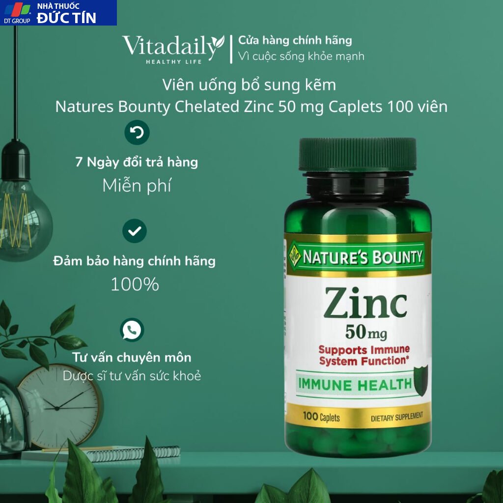 Viên uống bổ sung kẽm Natures Bounty Chelated Zinc 50 mg Caplets 100 viên 20 kem1
