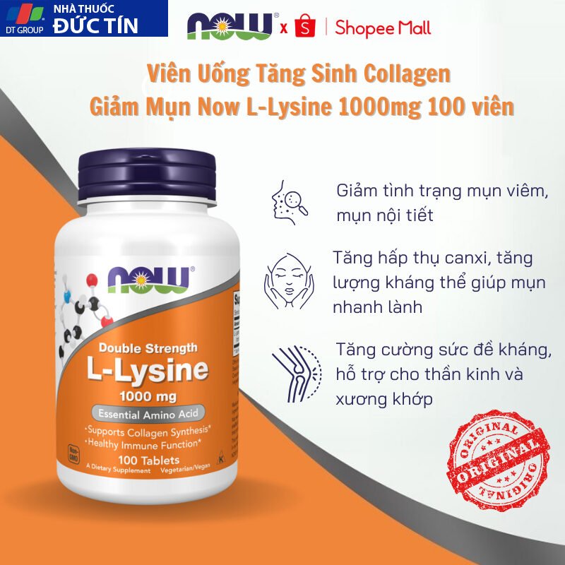 Viên uống hỗ trợ miễn dịch, tăng sinh collagen Now L-Lysine 1000mg 100 viên 13 tangmiendich1