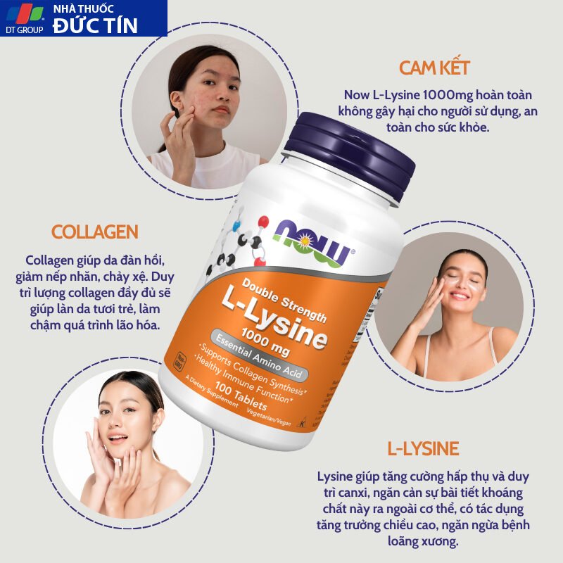 Viên uống hỗ trợ miễn dịch, tăng sinh collagen Now L-Lysine 1000mg 100 viên 11 tangmiendich3