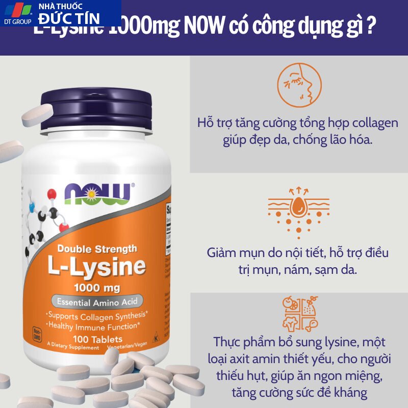 Viên uống hỗ trợ miễn dịch, tăng sinh collagen Now L-Lysine 1000mg 100 viên 10 tangmiendich4