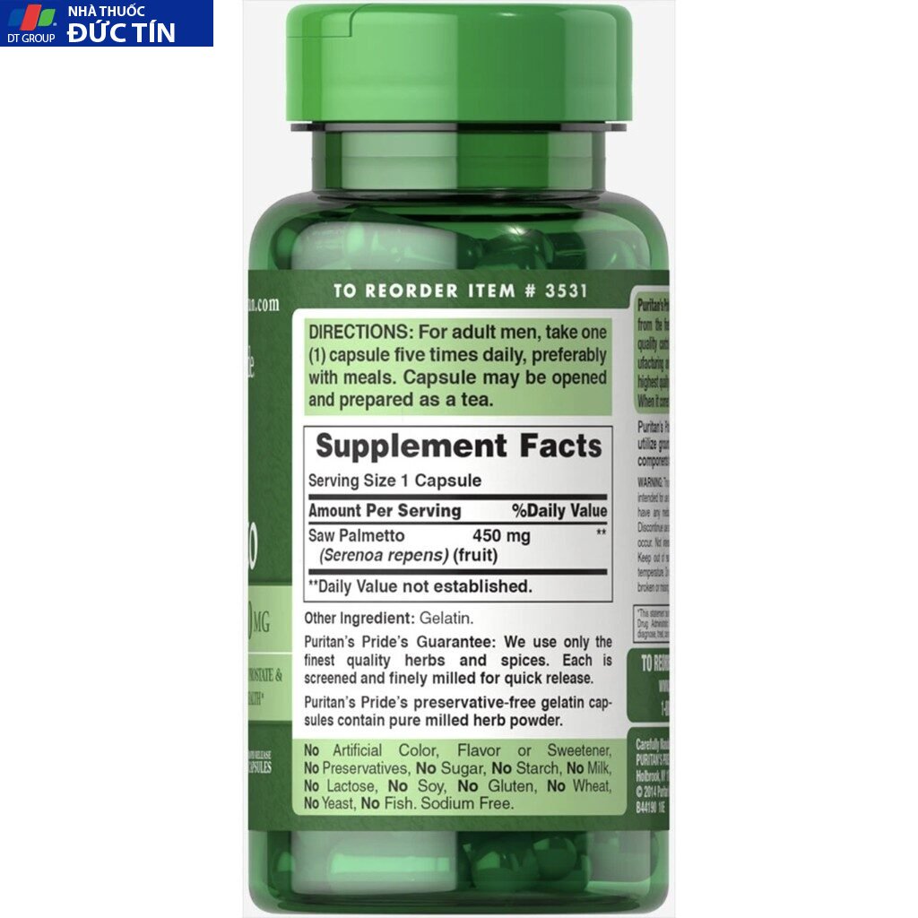 Hỗ trợ đường tiết niệu và tuyến tiền liệt Saw Palmetto 450 mg 100v Puritan’s Pride 12 tietlieu2