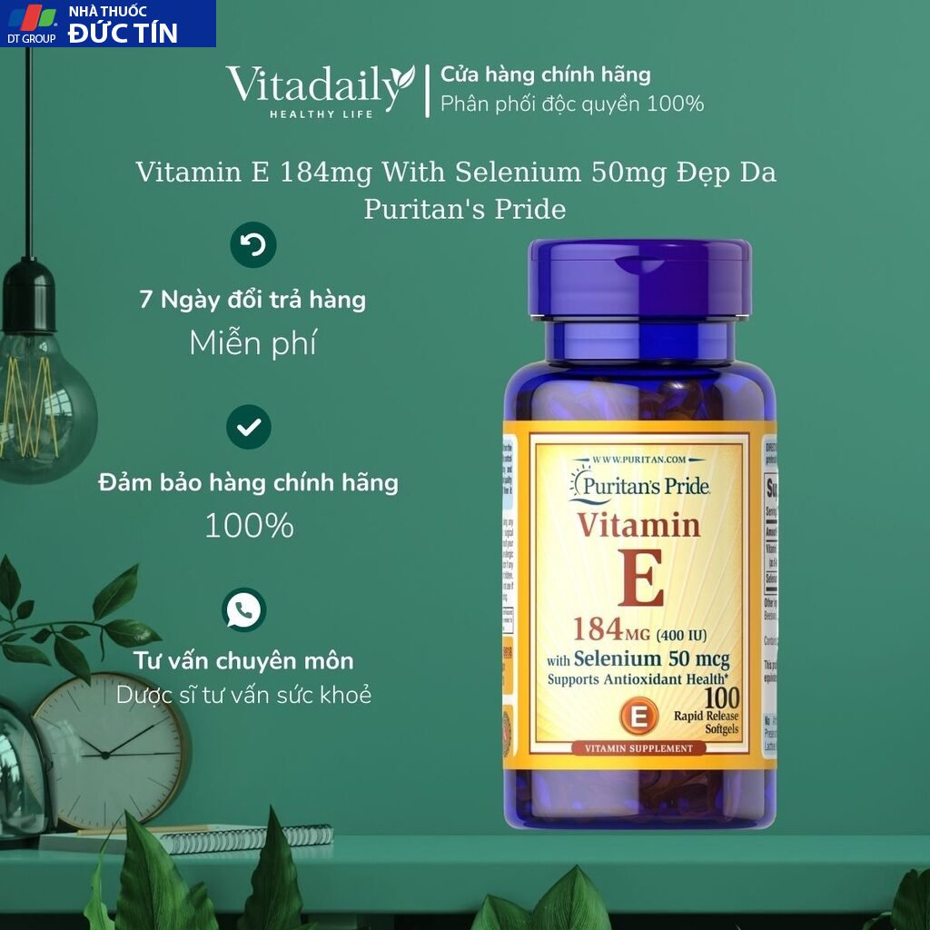 Viên Uống Đẹp Da Vitamin E 184mg With Selenium 50mg Puritan's Pride của Mỹ 12 vitaminede