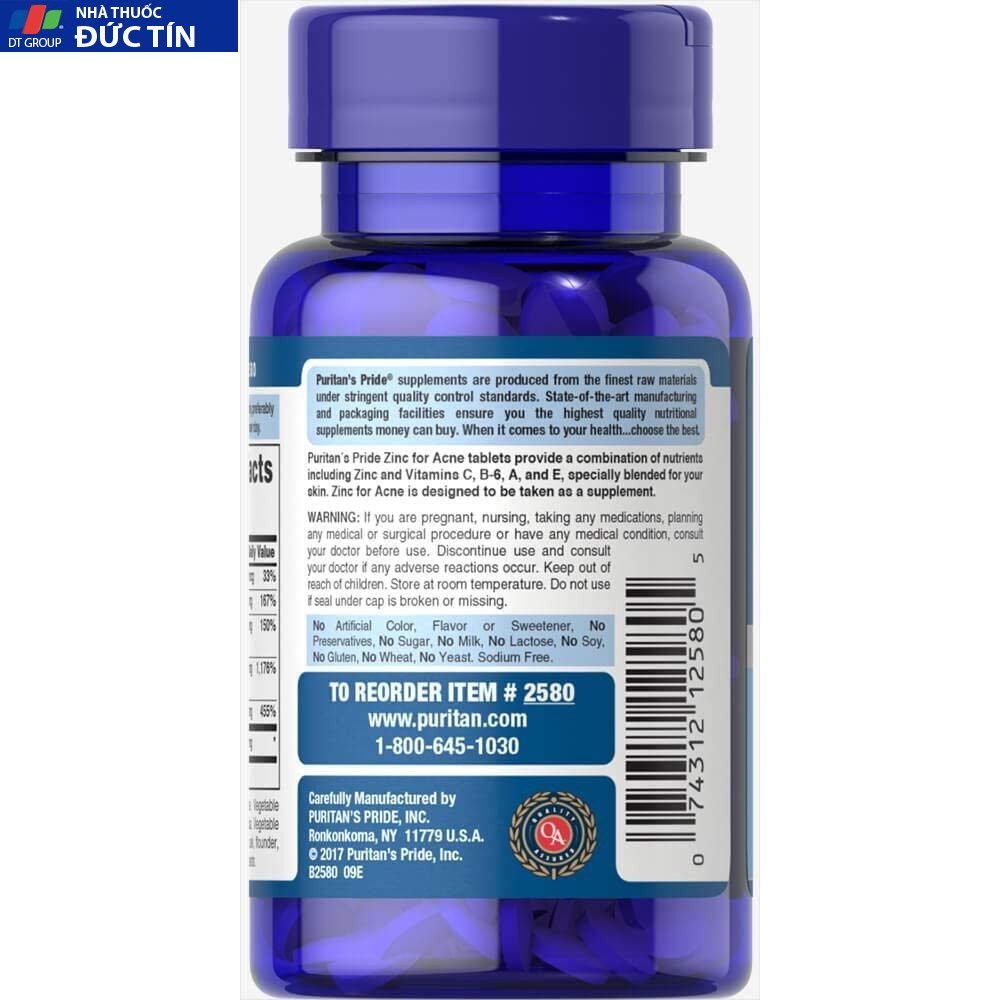 Viên uống bổ sung kẽm giảm mụn Zinc For Acne Puritan's Pride 100 viên 10 zinc4