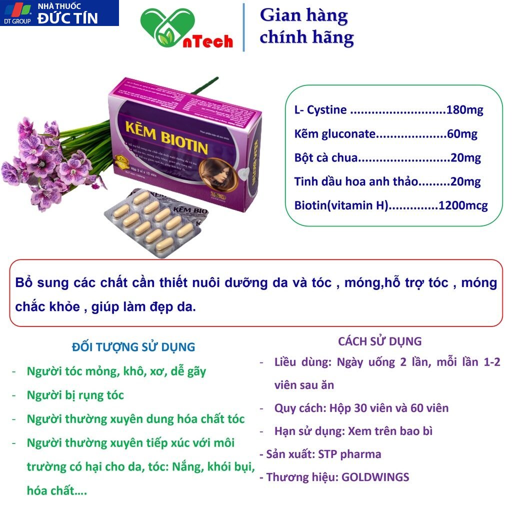 Viên uống bổ sung kẽm GOLDWINGS Kẽm Biotin Giúp tóc chắc khỏe ngăn gãy rụng làm sáng đẹp làn da hộp 30v 18 biotin2