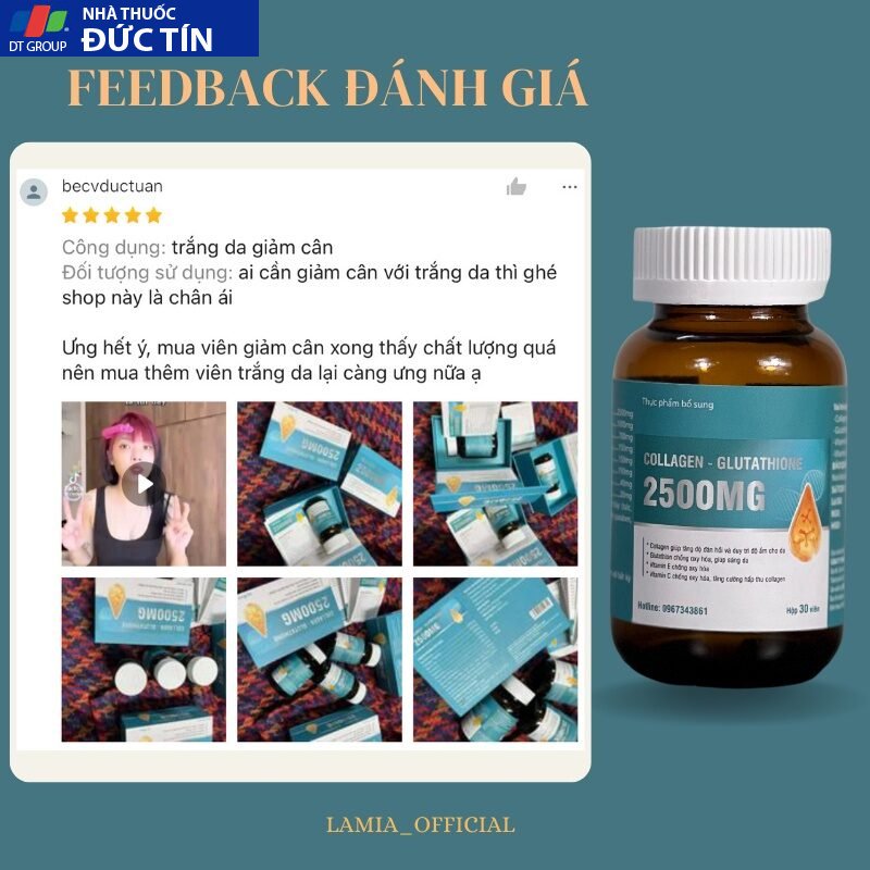 Trắng da COLLAGEN - GLUTATHIONE 2500MG viên uống nâng tone cấp tốc đẹp da giảm nám mờ thâm tức thì 21 trangda8
