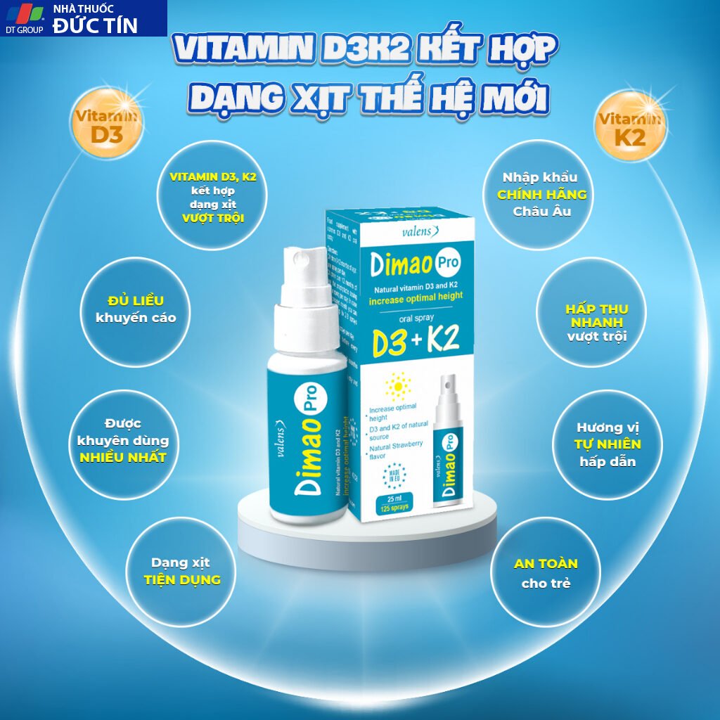 D3 K2 dạng xịt hỗ trợ tăng chiều cao Valens Dimao Pro Spray D3K2 25ml 16 d44