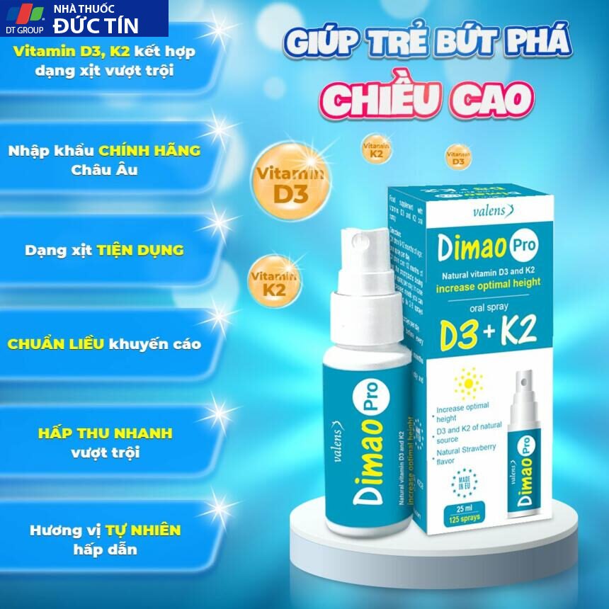 D3 K2 dạng xịt hỗ trợ tăng chiều cao Valens Dimao Pro Spray D3K2 25ml 14 d66