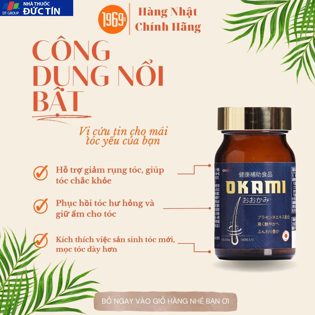 Viên uống hỗ trợ kích mọc tóc OKAMI Nhật Bản ngăn rụng, nuôi dưỡng phục hồi nang tóc khỏe 180 viên 22 moctoc3 3