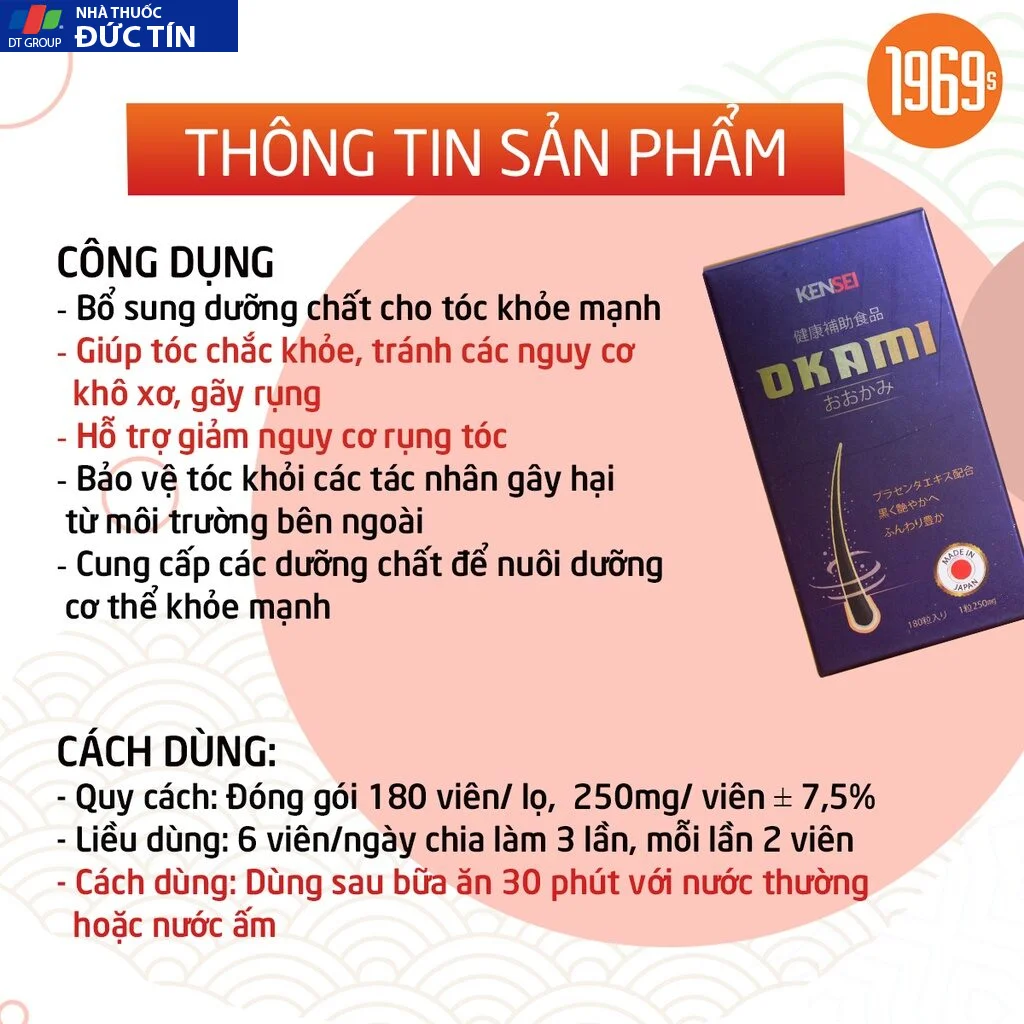 Viên uống hỗ trợ kích mọc tóc OKAMI Nhật Bản ngăn rụng, nuôi dưỡng phục hồi nang tóc khỏe 180 viên 21 moctoc4 3