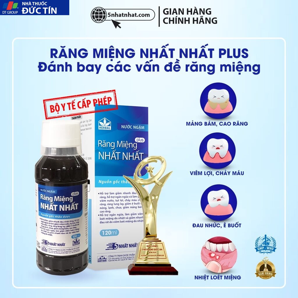 Nước Ngậm Răng Miệng Nhất Nhất Plus - Giúp Giảm Viêm Nướu, Tụt Lợi, Nhiệt Miệng, Sâu Răng - Chai 120 ml 15 rangmieng1