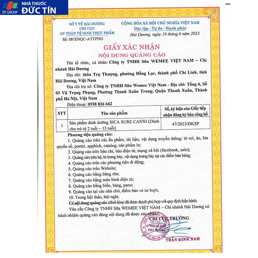 Sữa non Sica Sure Canxi hỗ trợ bé tăng trưởng chiều cao 12 giay xac nhan noi dung quang cao sica sure