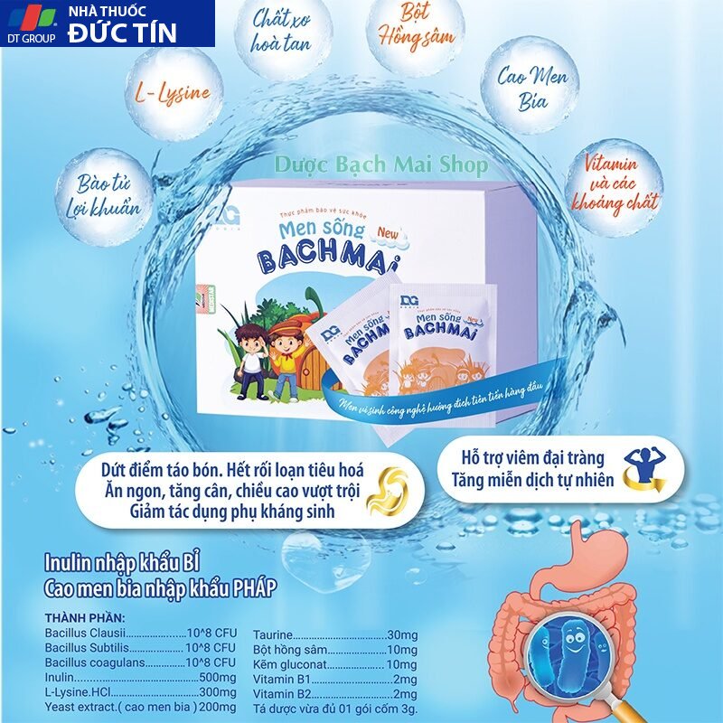 Men sống Bạch Mai NEW (men vi sinh cho bé táo bón, tiêu chảy) bổ sung bào tử lợi khuẩn, Hộp 30 gói (dạng bột) 19 men4 1
