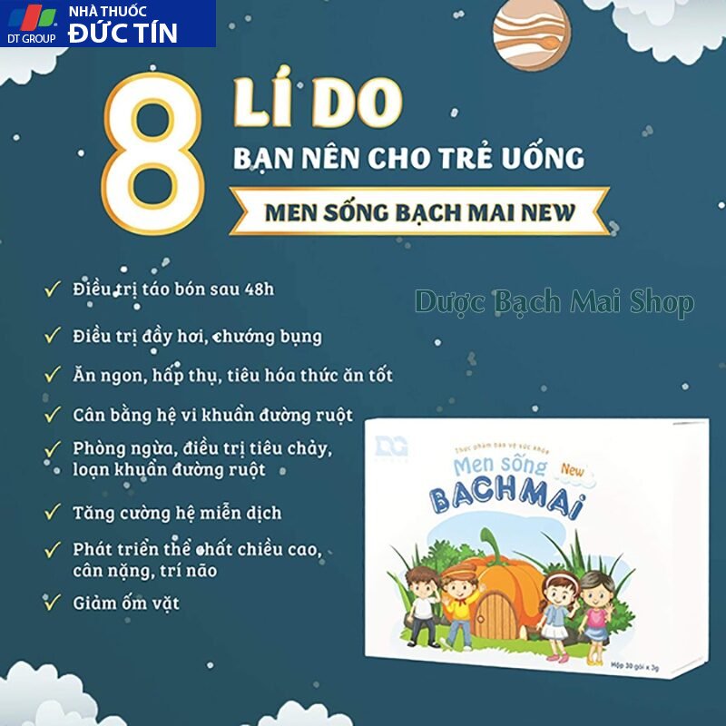 Men sống Bạch Mai NEW (men vi sinh cho bé táo bón, tiêu chảy) bổ sung bào tử lợi khuẩn, Hộp 30 gói (dạng bột) 18 men5 1