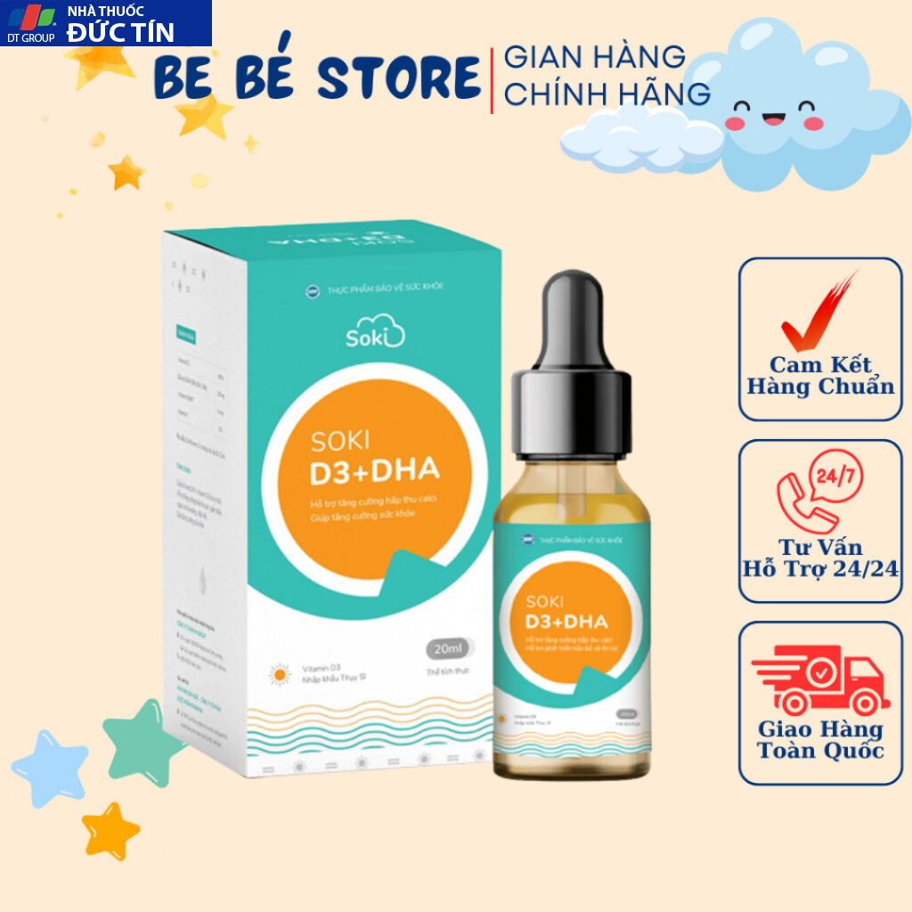 Siro SOKI D3+DHA Tăng Sức Khỏe, Hấp Thu Calci, Bổ Sung Dưỡng Chất Thiết Yếu Cho Trẻ 20ml/hộp 23 soli1