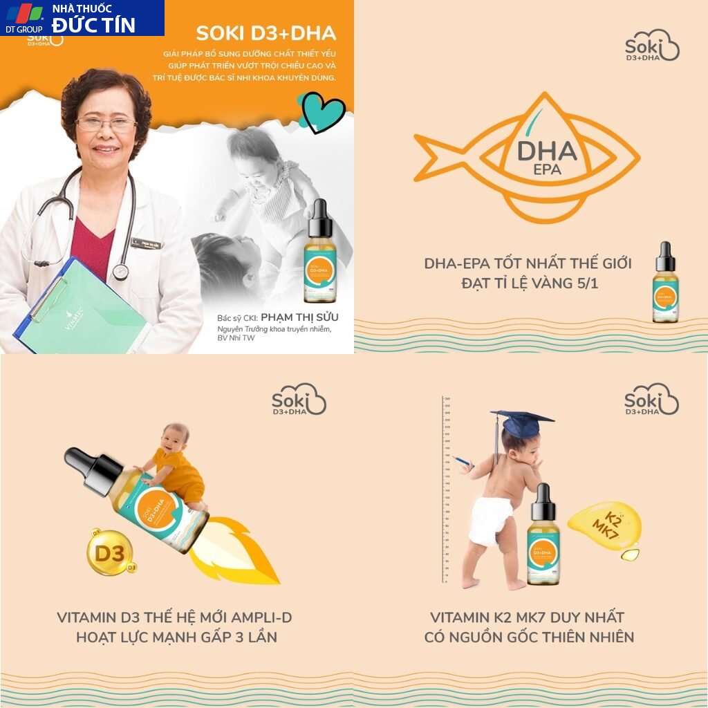 Siro SOKI D3+DHA Tăng Sức Khỏe, Hấp Thu Calci, Bổ Sung Dưỡng Chất Thiết Yếu Cho Trẻ 20ml/hộp 20 soli3