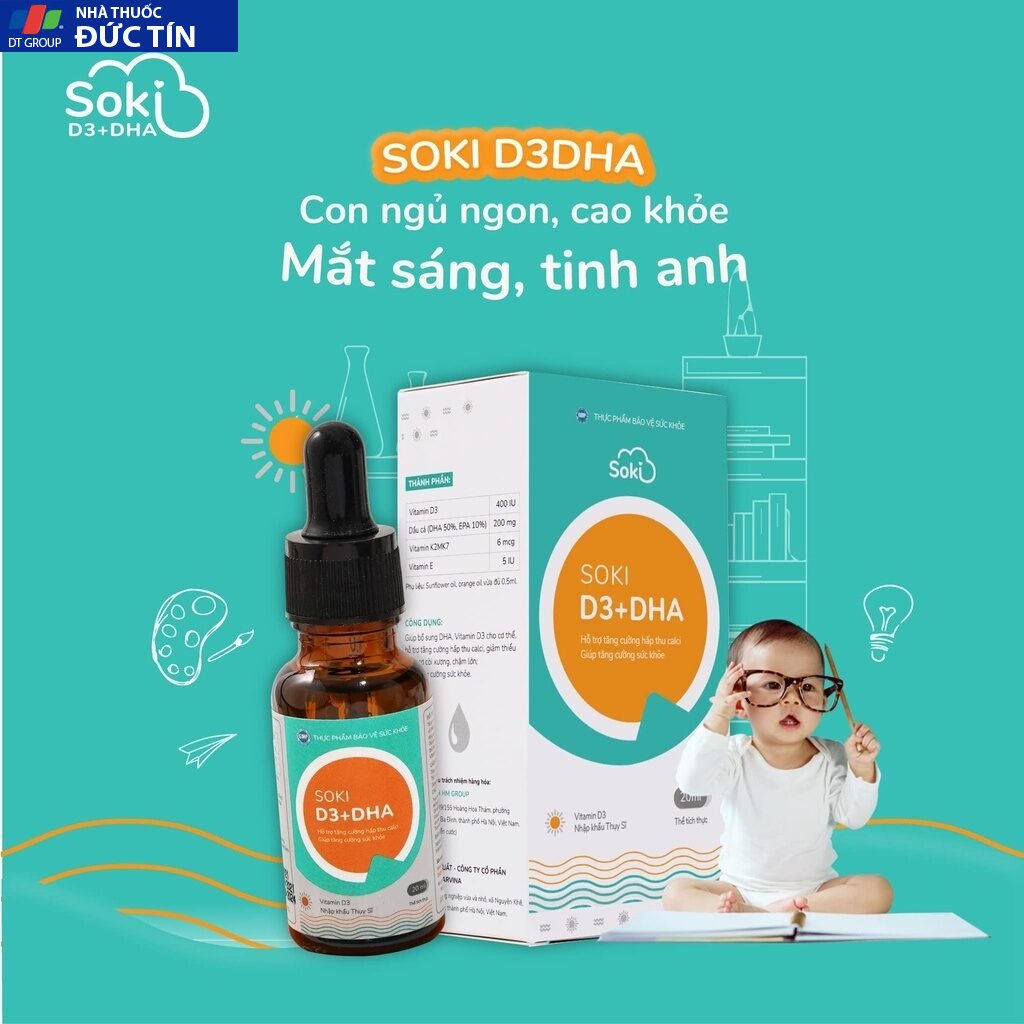 Siro SOKI D3+DHA Tăng Sức Khỏe, Hấp Thu Calci, Bổ Sung Dưỡng Chất Thiết Yếu Cho Trẻ 20ml/hộp 17 soli6