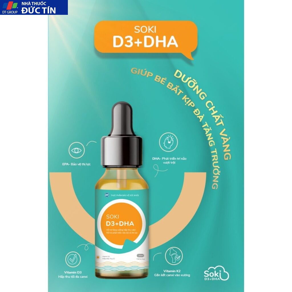 Siro SOKI D3+DHA Tăng Sức Khỏe, Hấp Thu Calci, Bổ Sung Dưỡng Chất Thiết Yếu Cho Trẻ 20ml/hộp 16 soli7