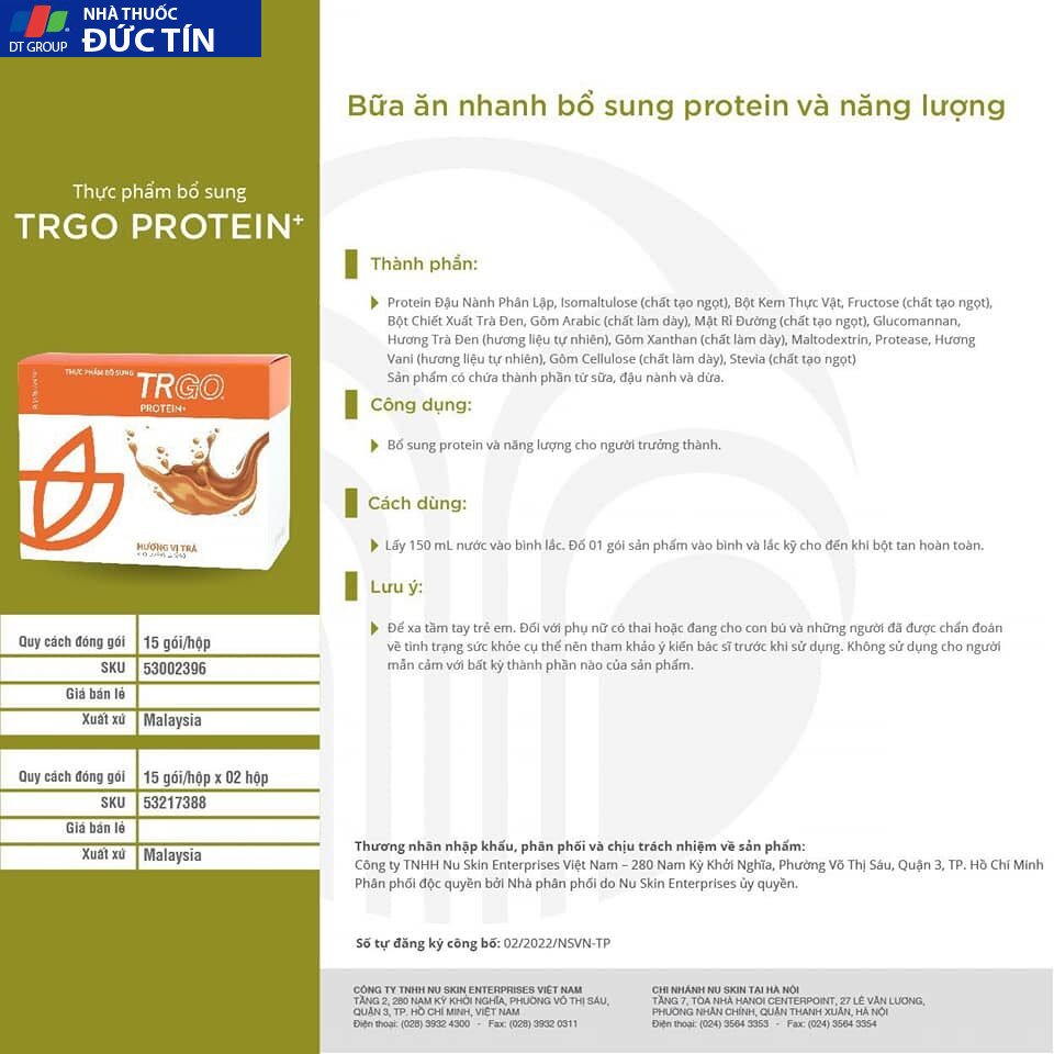 Thực phẩm bổ sung TRGO Protein+ ( 15 gói- 22g/ gói) 13 thanh phan