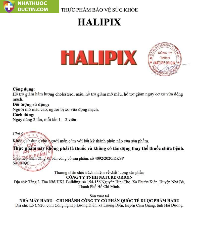 Halipix, hỗ trợ giảm hàm lượng cholesterol máu, hỗ trợ giảm mỡ máu 13 dgm nttt halipix to roi
