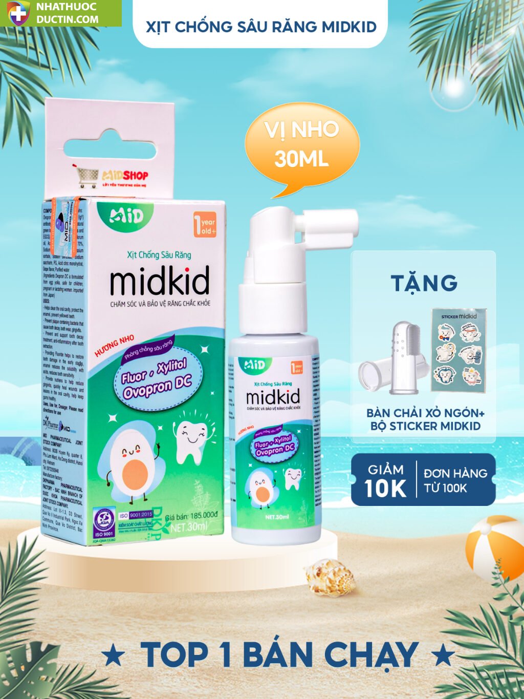 Xịt chống sâu răng Midkid cho bé từ 1 tuổi giúp làm sạch và bảo vệ men răng vị nho 30ml nuốt an toàn 28 mit1