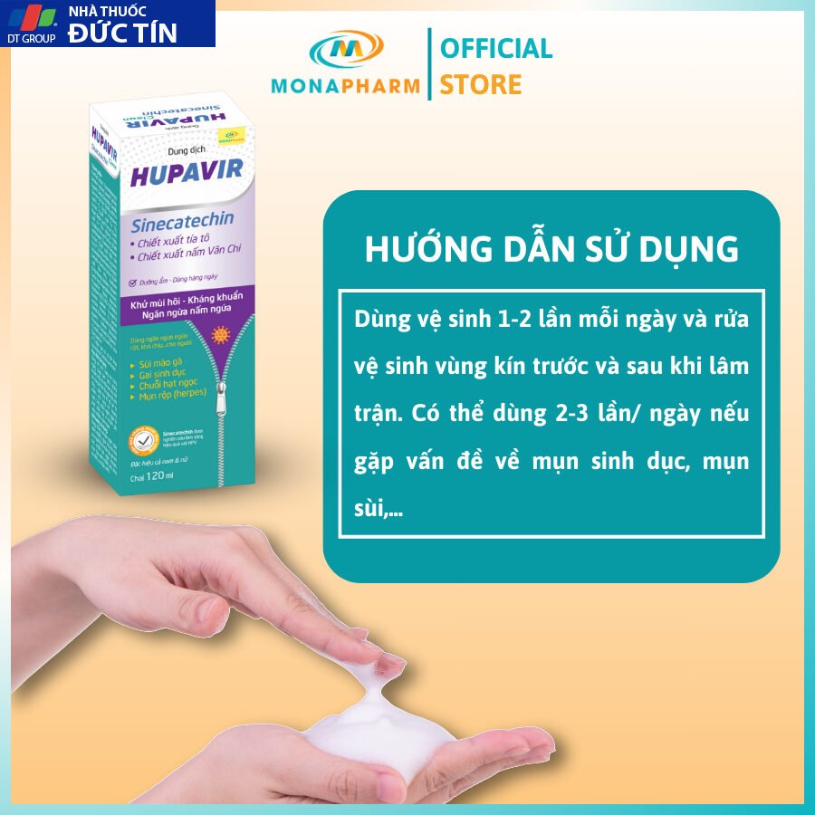 Dung Dịch Vệ Sinh Nam Nữ Hupavir Sinecatechin Clean HPV Giảm Sùi Mào Gà, Ngừa Viêm Làm Sạch An Toàn Cho Mẹ Bầu 120ml 24 mona5