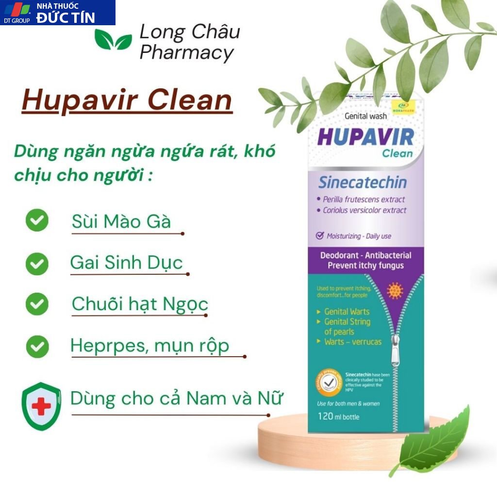 (Che Tên) Dung dịch vệ sinh Nam Nữ Hupavir Clean HPV Giảm Sùi Mào Gà, hạt ngọc, mụn rộp, Herpes 18 sui1 2