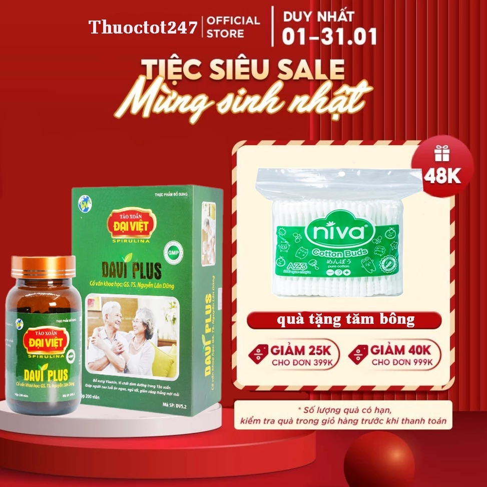 Tảo xoắn DAVI PLUS Đại Việt - Giúp ăn ngon, ngủ sâu giấc hơn ở người cao tuổi (200viên) 1 Tảo xoắn DAVI PLUS Đại Việt - Giúp ăn ngon, ngủ sâu giấc hơn ở người cao tuổi (200viên)