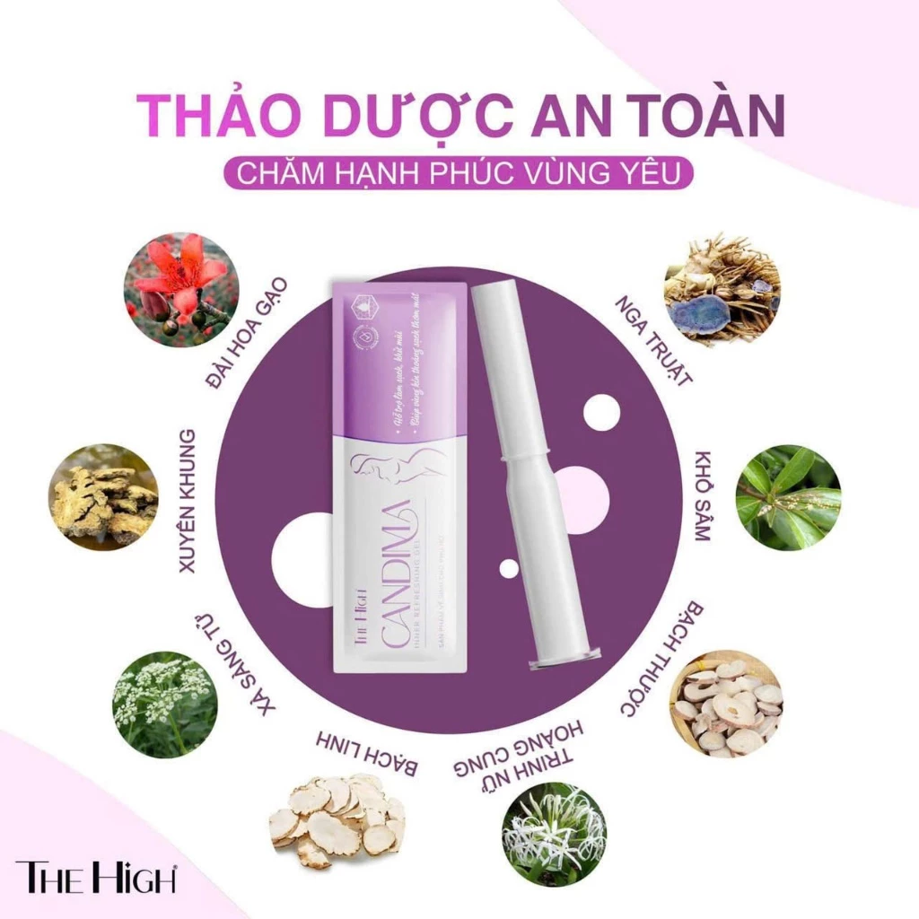 Dung Dịch Vệ Sinh Phụ Nữ CANDIMA Thehigh Dạng gel ho trợ Làm Sạch Khử Mùi , Dịu Ngứa Hộp 8 gói 19 gel8