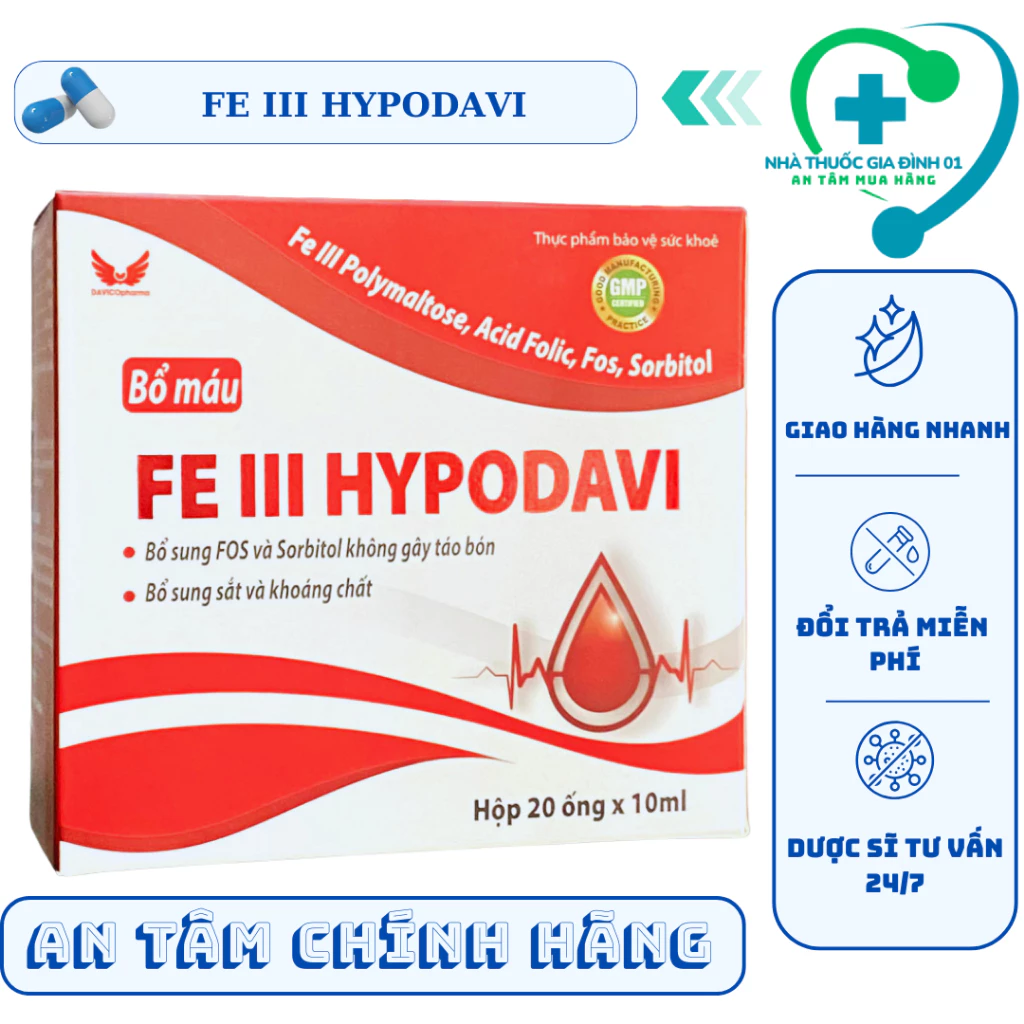 Sắt cho bà bầu Fe III Hypodavi B12 sắt bầu sắt nước bổ máu sắt hữu cơ acid folic thiếu máu não Hộp 20 ống 7 bomau1