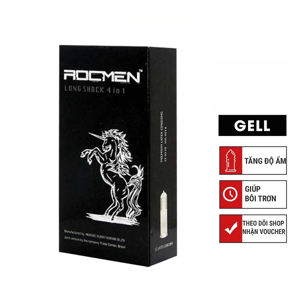 Bao cao su Cá Ngựa ROCMEN 4 IN 1 Đen Hộp 12 Chiếc 2 gelroc1