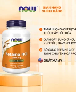 Alternative view of Viên uống Betaine HCl Now (120 viên) hỗ trợ tiêu hóa, tăng axit dịch vị, giảm đầy hơi, khó tiêu